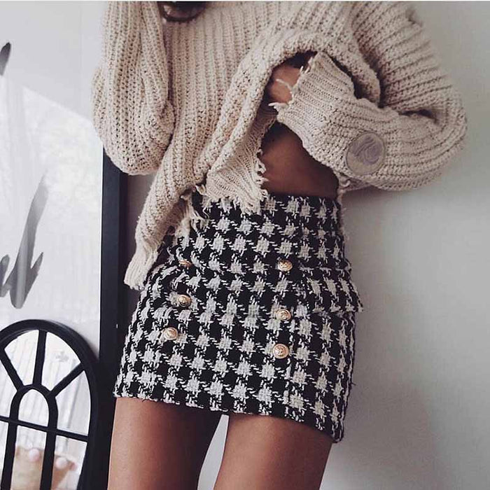 Women Black Houndstooth Check Shorts Gold-tone Mini Tweed Shorts