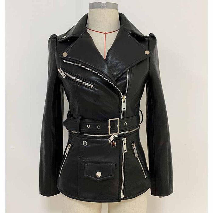 Women Black Lace Up Leather Jacket Moto Biker Blazer With Zipper