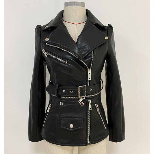 Women Black Lace Up Leather Jacket Moto Biker Blazer With Zipper