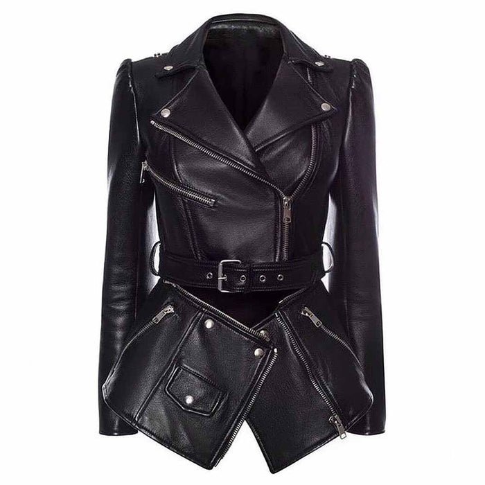 Women Black Lace Up Leather Jacket Moto Biker Blazer With Zipper