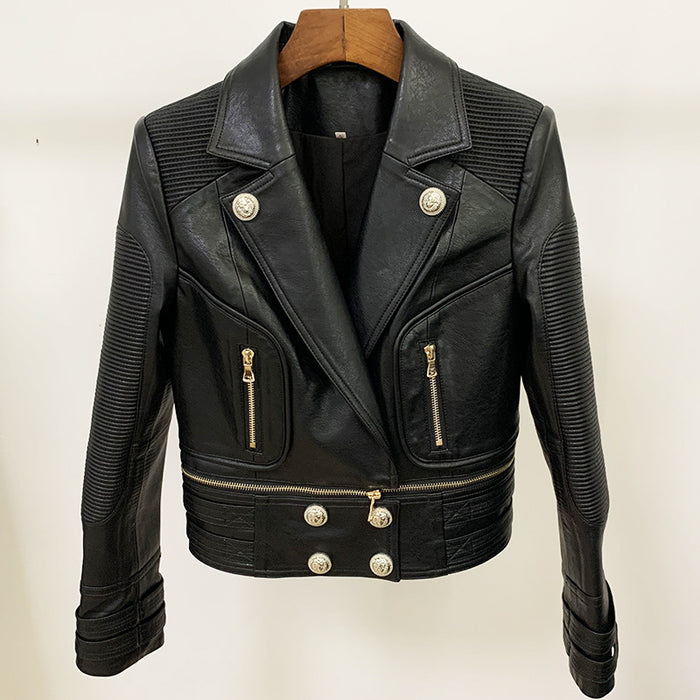 Women Black Leather Jacket Moto Biker Blazer Coats