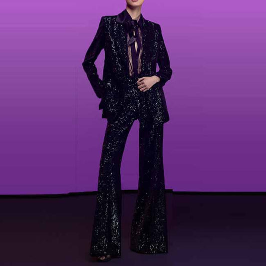 Women Black Sequinned fitted Blazer + Mid-High Rise Flare Trousers Suit Pantsuit