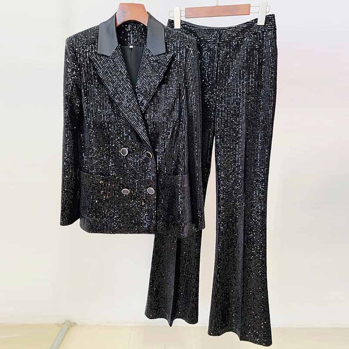 Women Black Sequinned fitted Blazer + Mid-High Rise Flare Trousers Suit Pantsuit