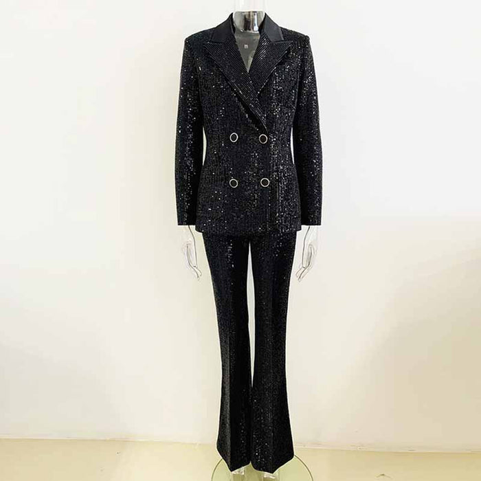 Women Black Sequinned fitted Blazer + Mid-High Rise Flare Trousers Suit Pantsuit