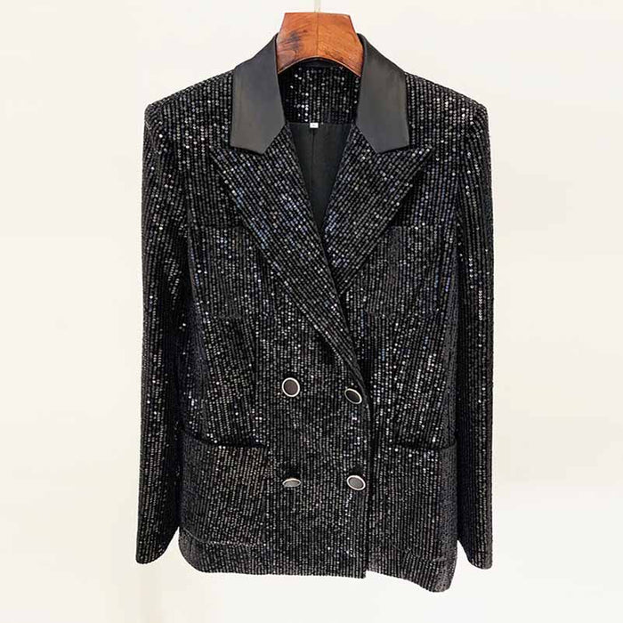 Women Black Sequinned fitted Blazer + Mid-High Rise Flare Trousers Suit Pantsuit