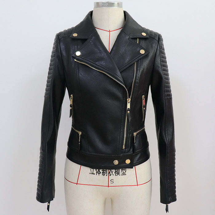 Women Black Zipper Leather Jacket Moto Biker Blazer