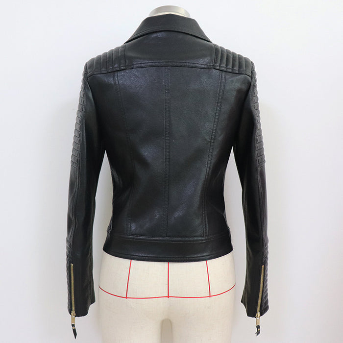 Women Black Zipper Leather Jacket Moto Biker Blazer