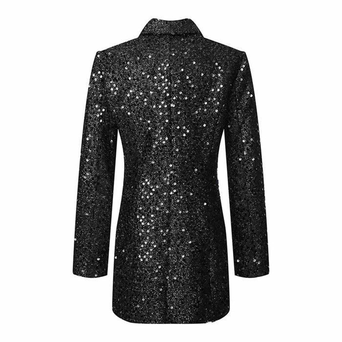 Women Bling Bling Sequined Black Long Blazer