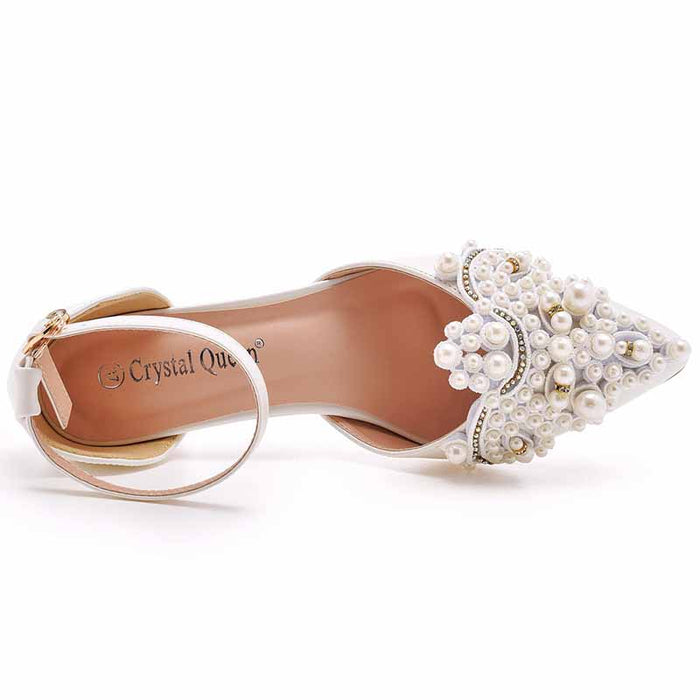 Women Block Heels Pearls Wedding Shoes Closed Toe Prom Party Sandals