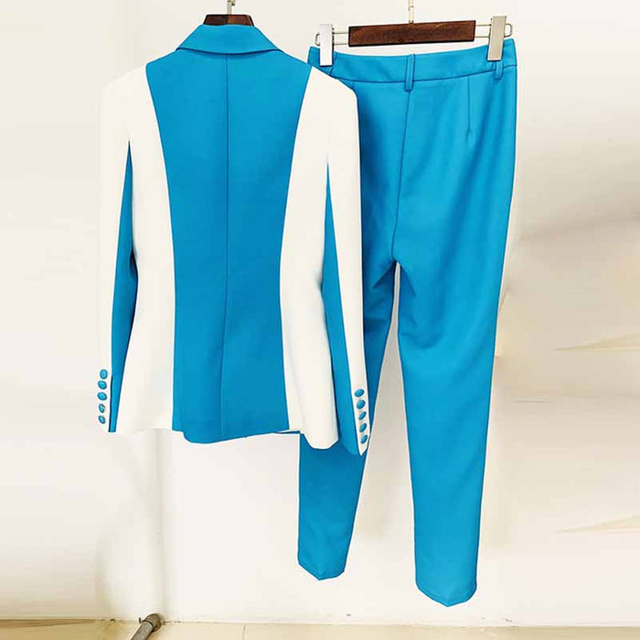 Women Blue and White Colour Pantsuit- Blocked Fitted Blazer + Mid-High Rise Slim Fit Flare Trousers Suit Pantsuit Office Wear