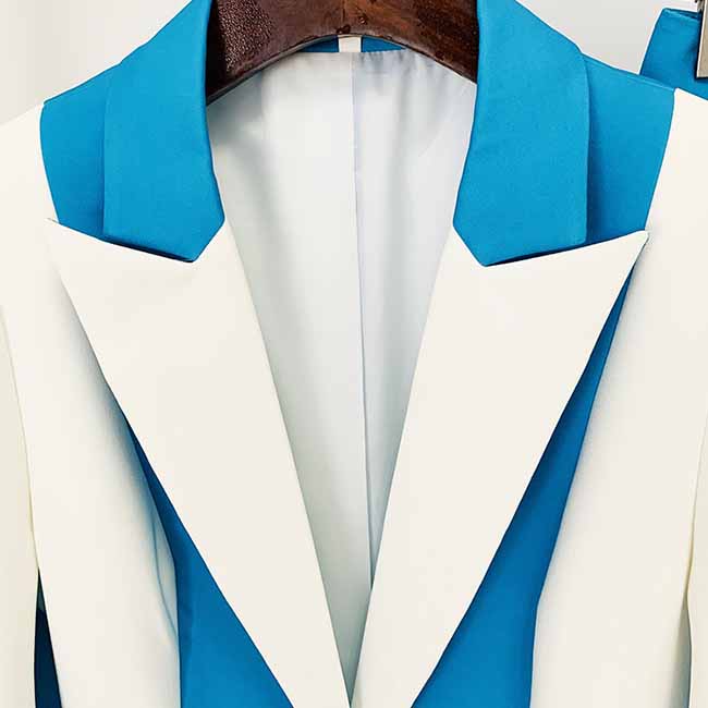 Women Blue and White Colour Pantsuit- Blocked Fitted Blazer + Mid-High Rise Slim Fit Flare Trousers Suit Pantsuit Office Wear