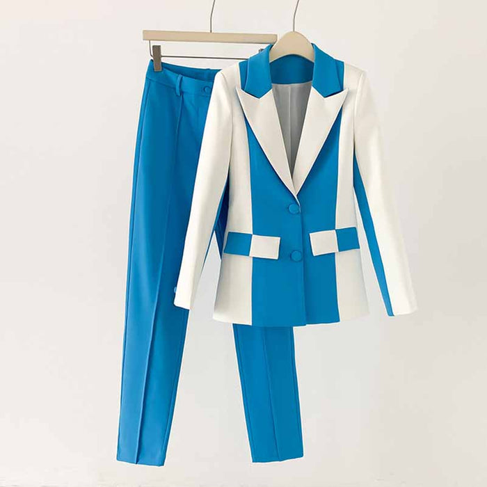 Women Blue and White Pantsuit fitted Blazer + Mid-High Rise Flare Trousers Suit Pantsuit