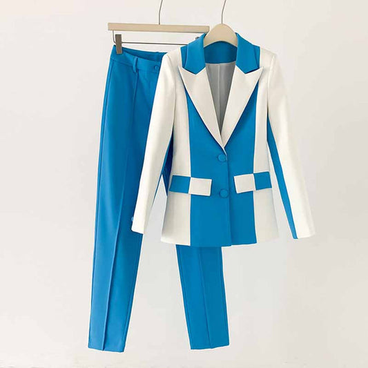 Women Blue and White Pantsuit fitted Blazer + Mid-High Rise Flare Trousers Suit Pantsuit