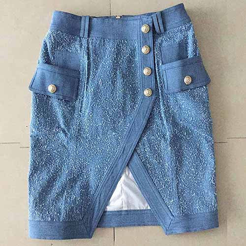 Women Blue Jean Skirt Lion Button Split Irregular Denim Skirt