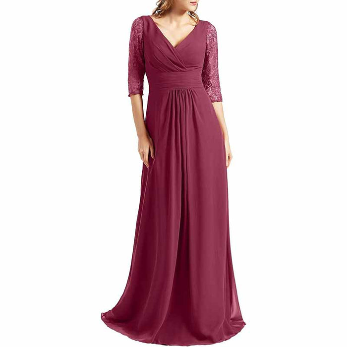 Women Bridesmaid Dress V Neck 3/4 Sleeves Long Wedding Party Mother Bride Dresses Gown