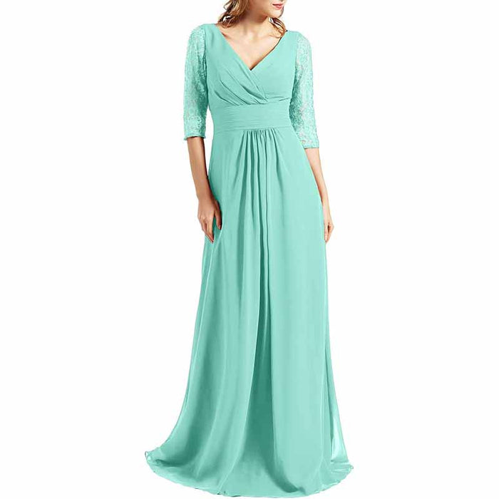 Women Bridesmaid Dress V Neck 3/4 Sleeves Long Wedding Party Mother Bride Dresses Gown
