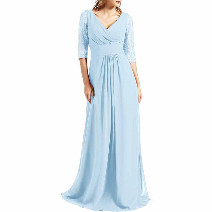 Women Bridesmaid Dress V Neck 3/4 Sleeves Long Wedding Party Mother Bride Dresses Gown