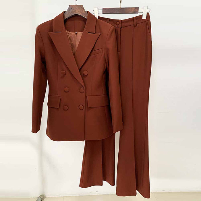 Women Brown Beige Pantsuit Double Breasts Fitted Blazer + Mid-High Rise Flare Trousers Pants Suit