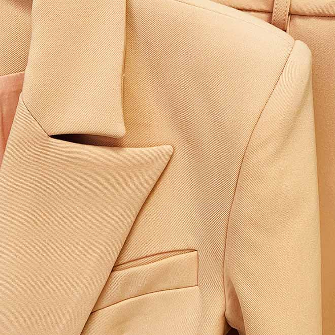 Women Brown Beige Pantsuit Double Breasts Fitted Blazer + Mid-High Rise Flare Trousers Pants Suit