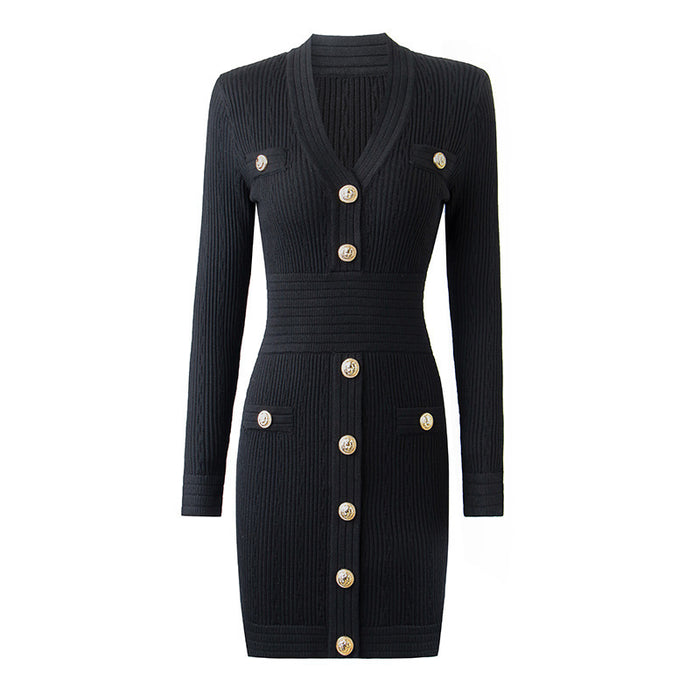 Women Button-up Knitted Minidress V Neck Mini ribbed-knit Dress