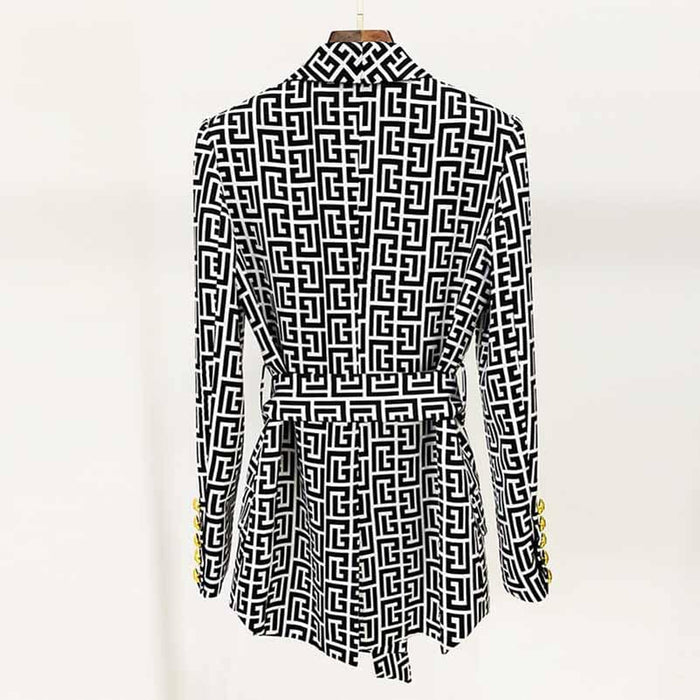 Women Chic Maze Double Breasted Belted Blazer + Elastic Waist Trousers Pants Suit
