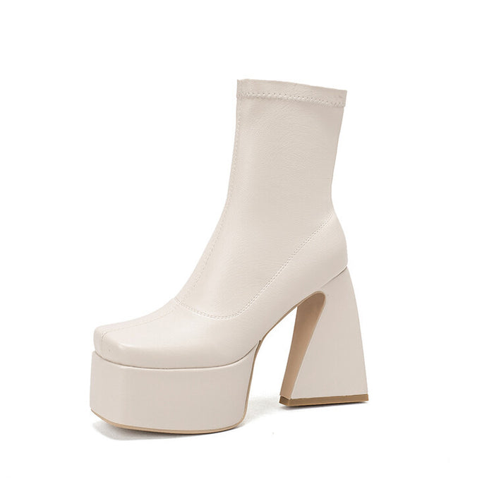 Stylish women chunky high heel ankle boots in cream color with a modern design for fashionable outfits