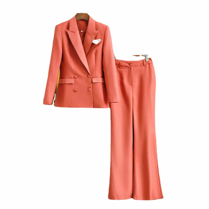 Women Coral Blazer + Mid-High Rise Flare Trousers Pants Suit Pantsuit Office Suit Formal Suit