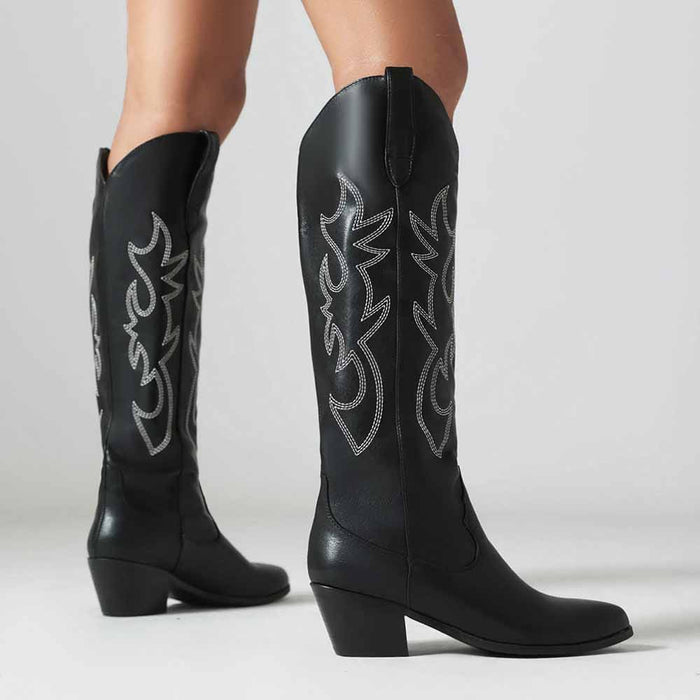 Women Cowboy Boot Faux Leather Embroidered Knee High Cowgirl Western Boots