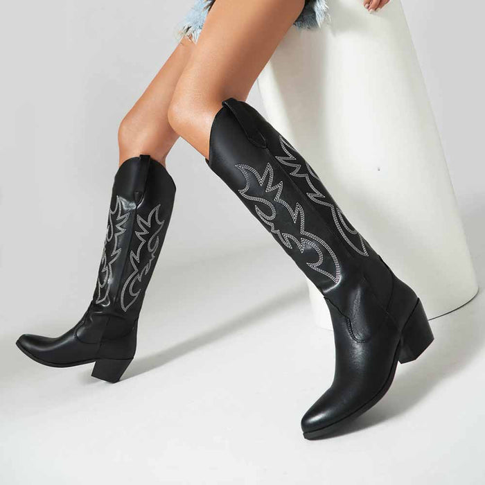 Women Cowboy Boot Faux Leather Embroidered Knee High Cowgirl Western Boots