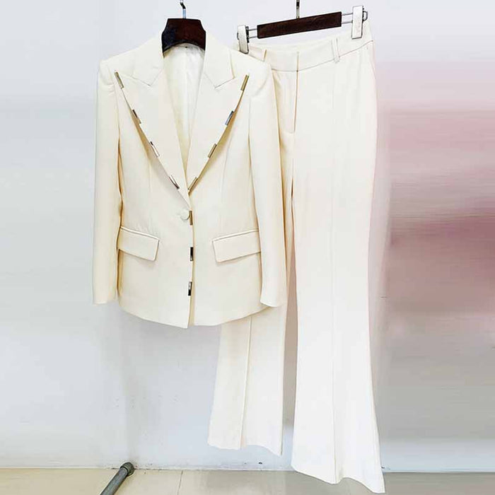Women Cream/ Black One Button Pantsuit Metal Trim Fitted Blazer + Flare Trousers Pants Suit Wedding Suit