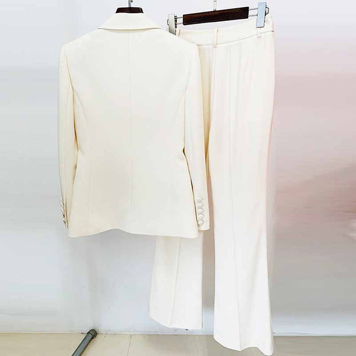 Women Cream/ Black One Button Pantsuit Metal Trim Fitted Blazer + Flare Trousers Pants Suit Wedding Suit