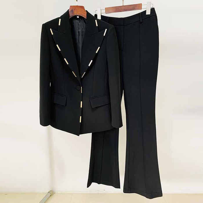 Women Cream/ Black One Button Pantsuit Metal Trim Fitted Blazer + Flare Trousers Pants Suit Wedding Suit