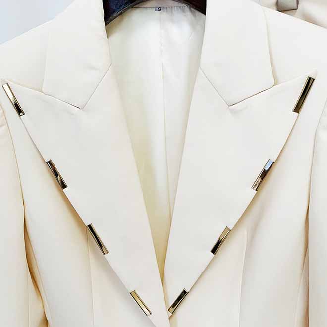 Women Cream/ Black One Button Pantsuit Metal Trim Fitted Blazer + Flare Trousers Pants Suit Wedding Suit