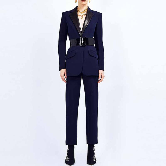Women Dark Blue Pant Suits 2 Piece Fashion Suits with Belt Blazer Pant Formal Suits