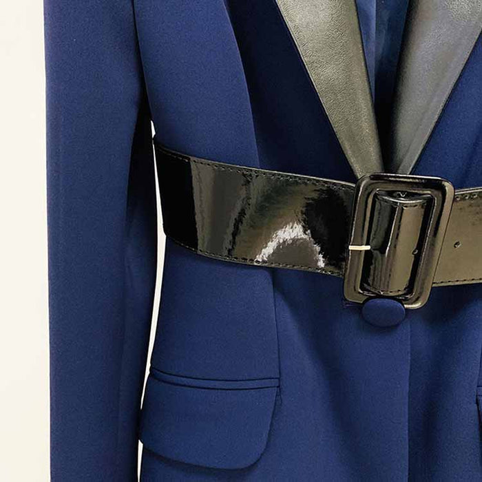 Women Dark Blue Pant Suits 2 Piece Fashion Suits with Belt Blazer Pant Formal Suits
