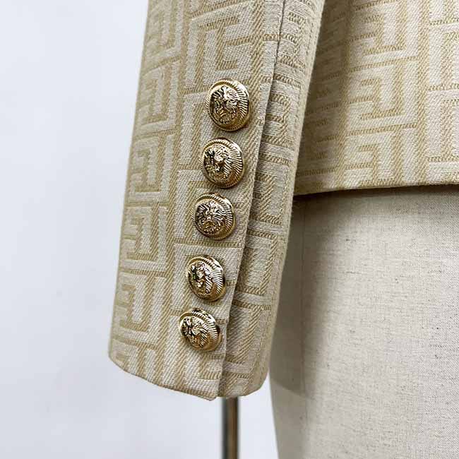 Women Double Breasted Gold Embossed Buttons belted Khaki blazer