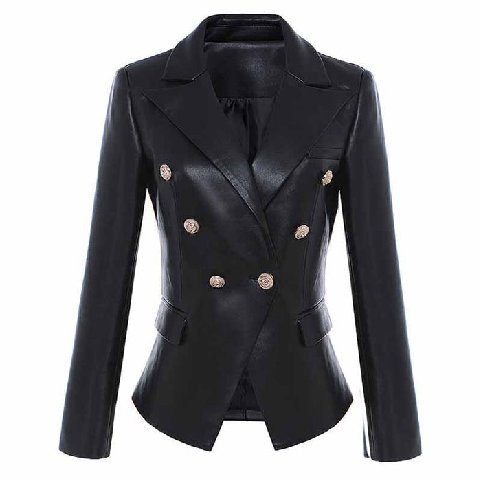 Women Double Breasted Short PU Leather Jacket Slim Fitted Blazer