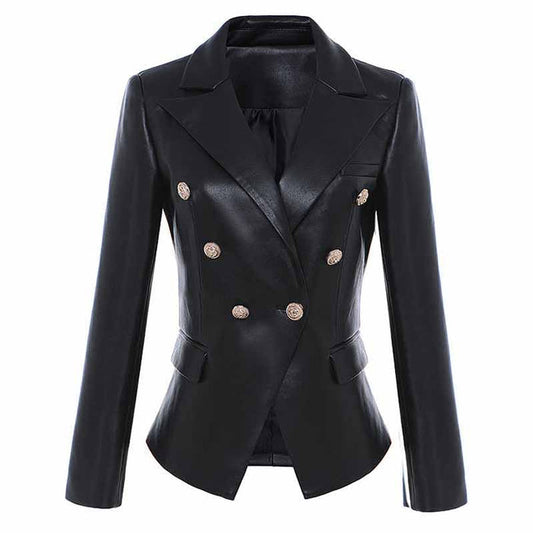 Women Double Breasted Short PU Leather Jacket Slim Fitted Blazer