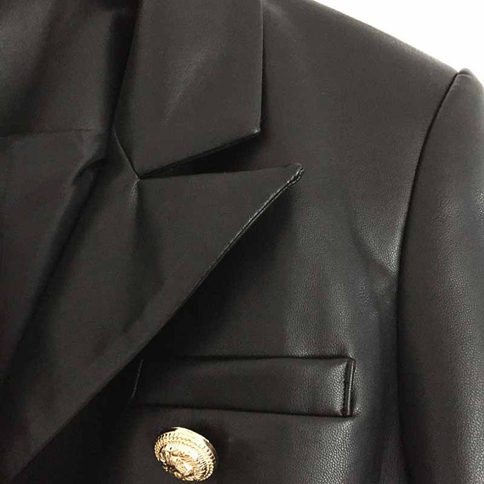 Women Double Breasted Short PU Leather Jacket Slim Fitted Blazer