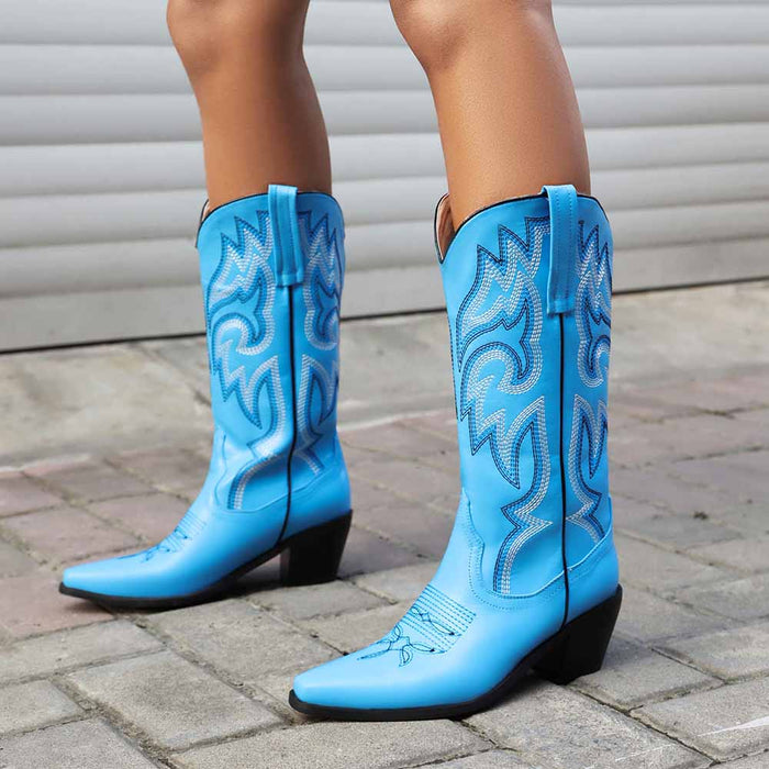 Women Embroidered Boots Country Cowgirl Chunky Heel Boots