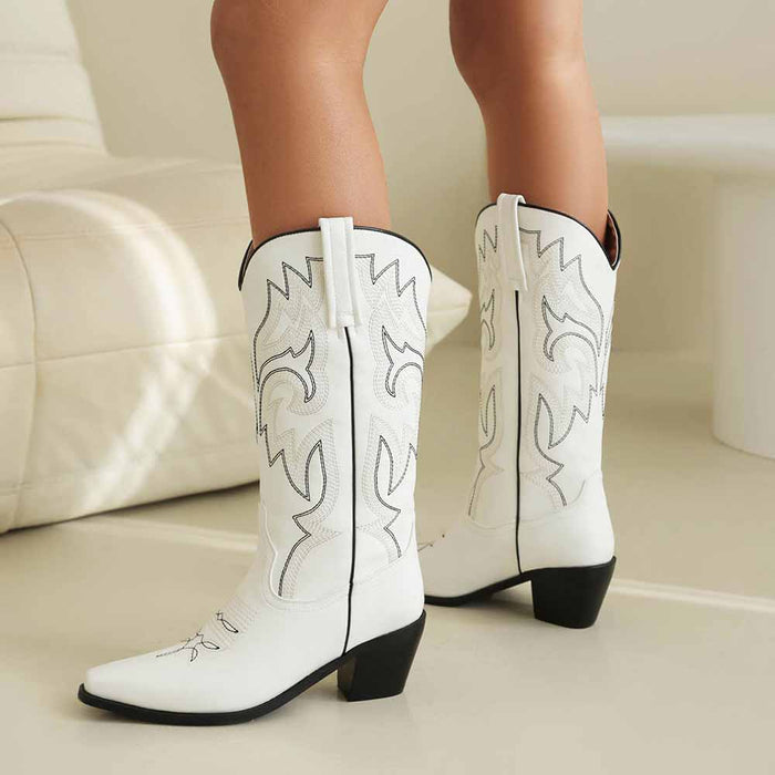 Women Embroidered Boots Country Cowgirl Chunky Heel Boots