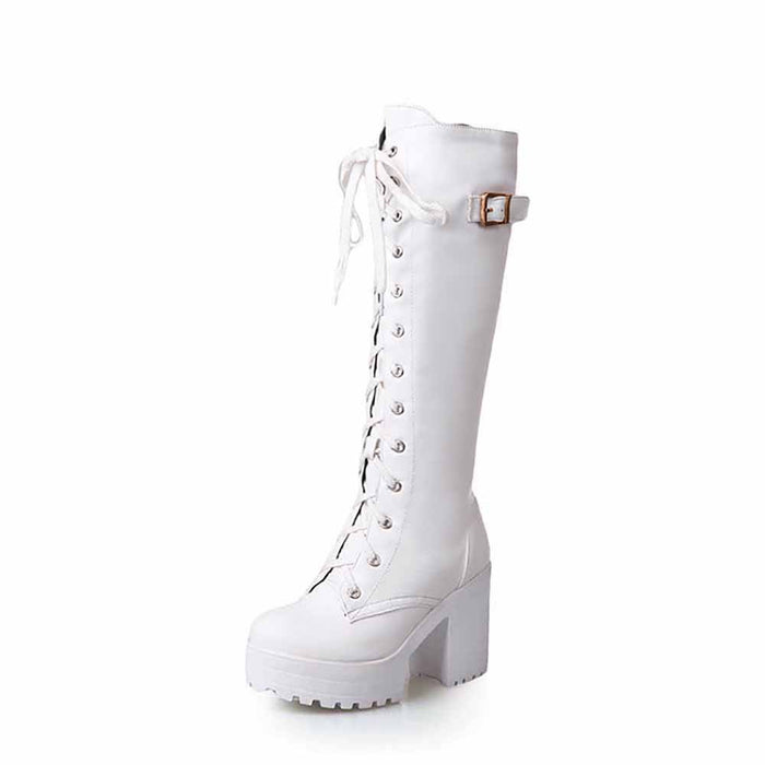 Women Fashion Platform Block Heels Knee High Boots