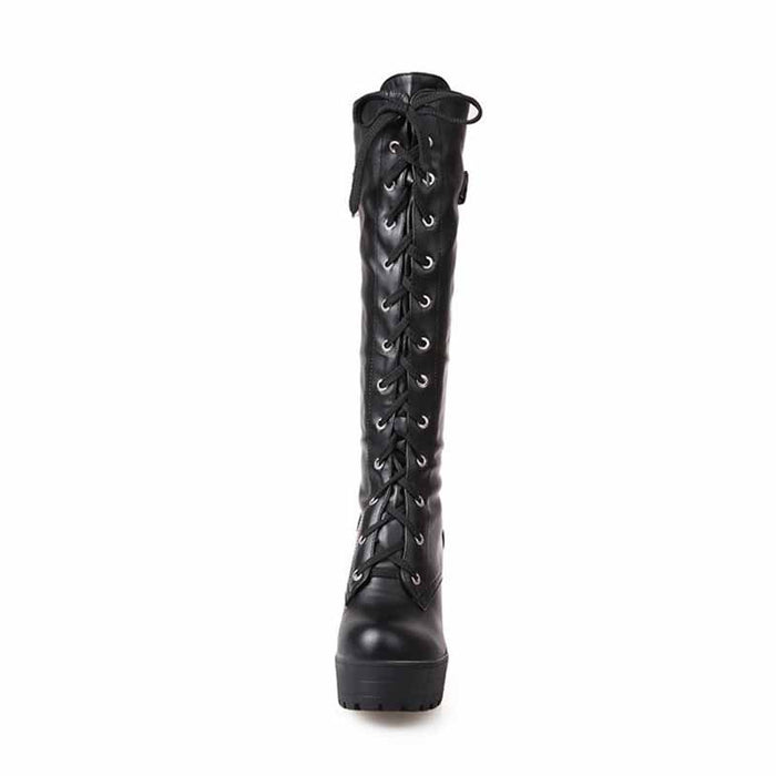 Women Fashion Platform Block Heels Knee High Boots