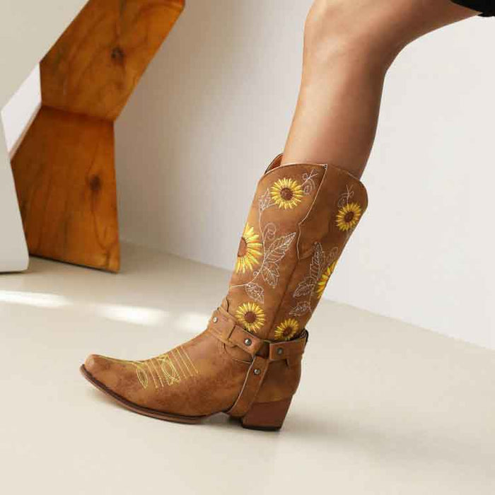 Women Floral Embroidered Cowgirl Boots Chunky Heel Mid Calf Western Boots