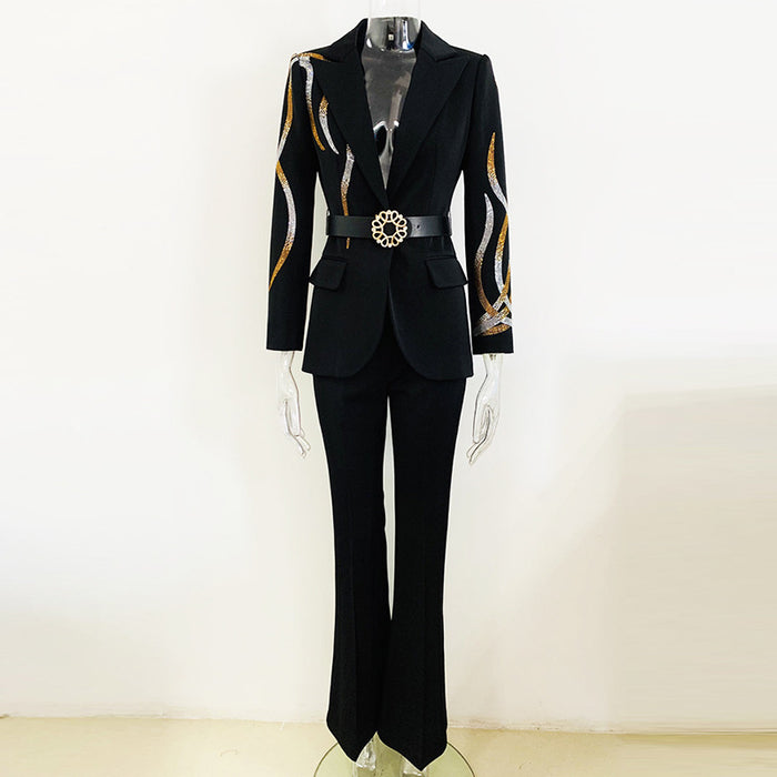 Women Formal Pantsuits With Belt hot drilling Flare Bottoms Two Pieces Pants Set
