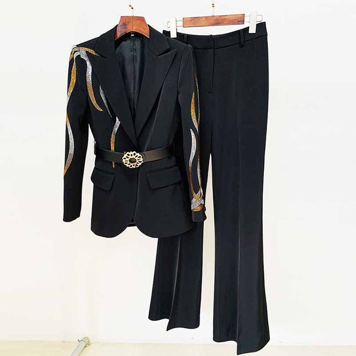 Women Formal Pantsuits With Belt hot drilling Flare Bottoms Two Pieces Pants Set