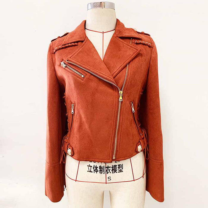 Women Fringed Suede Asymmetric Zip Biker Jacket  X-Zip Fitted Rust Coat