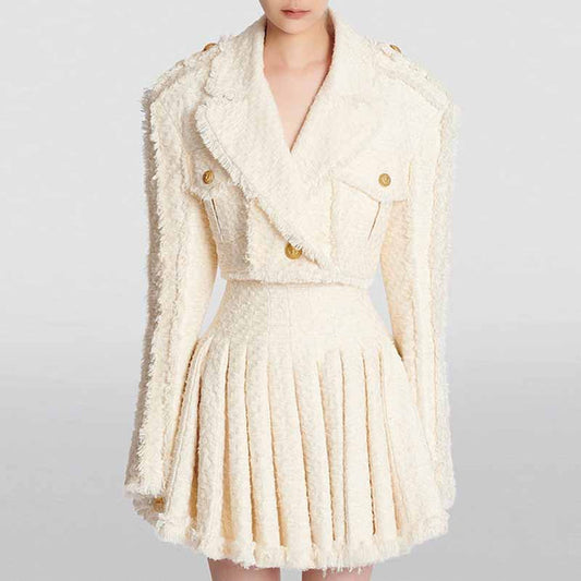Women Golden Buttons Cream Tweed Tassel Crop Jacket + Pleated Skirt Suit, Office Suit, Wedding Suit