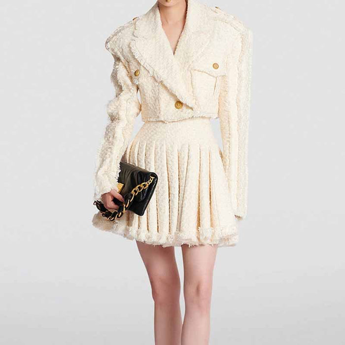Women Golden Buttons Cream Tweed Tassel Crop Jacket + Pleated Skirt Suit, Office Suit, Wedding Suit