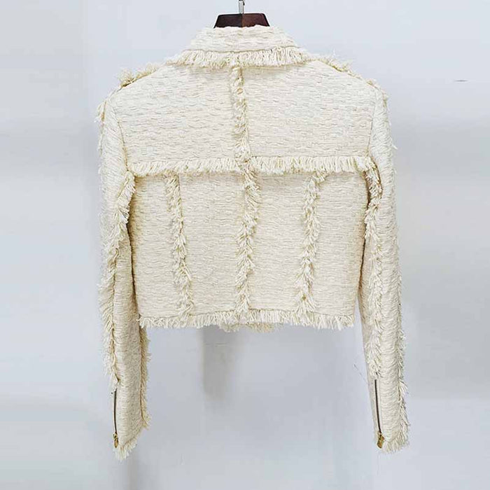 Women Golden Buttons Cream Tweed Tassel Crop Jacket + Pleated Skirt Suit, Office Suit, Wedding Suit
